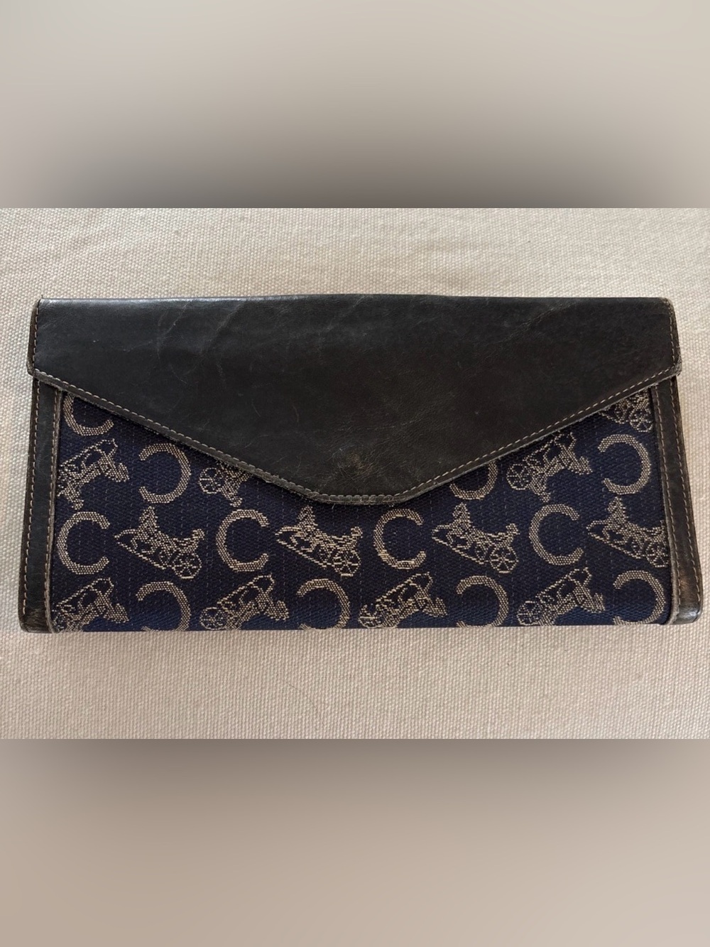 Celine Navy Blue Horse And Carriage Long Thin Wallet Canvas And Leather Vintage - Picture 2 of 15